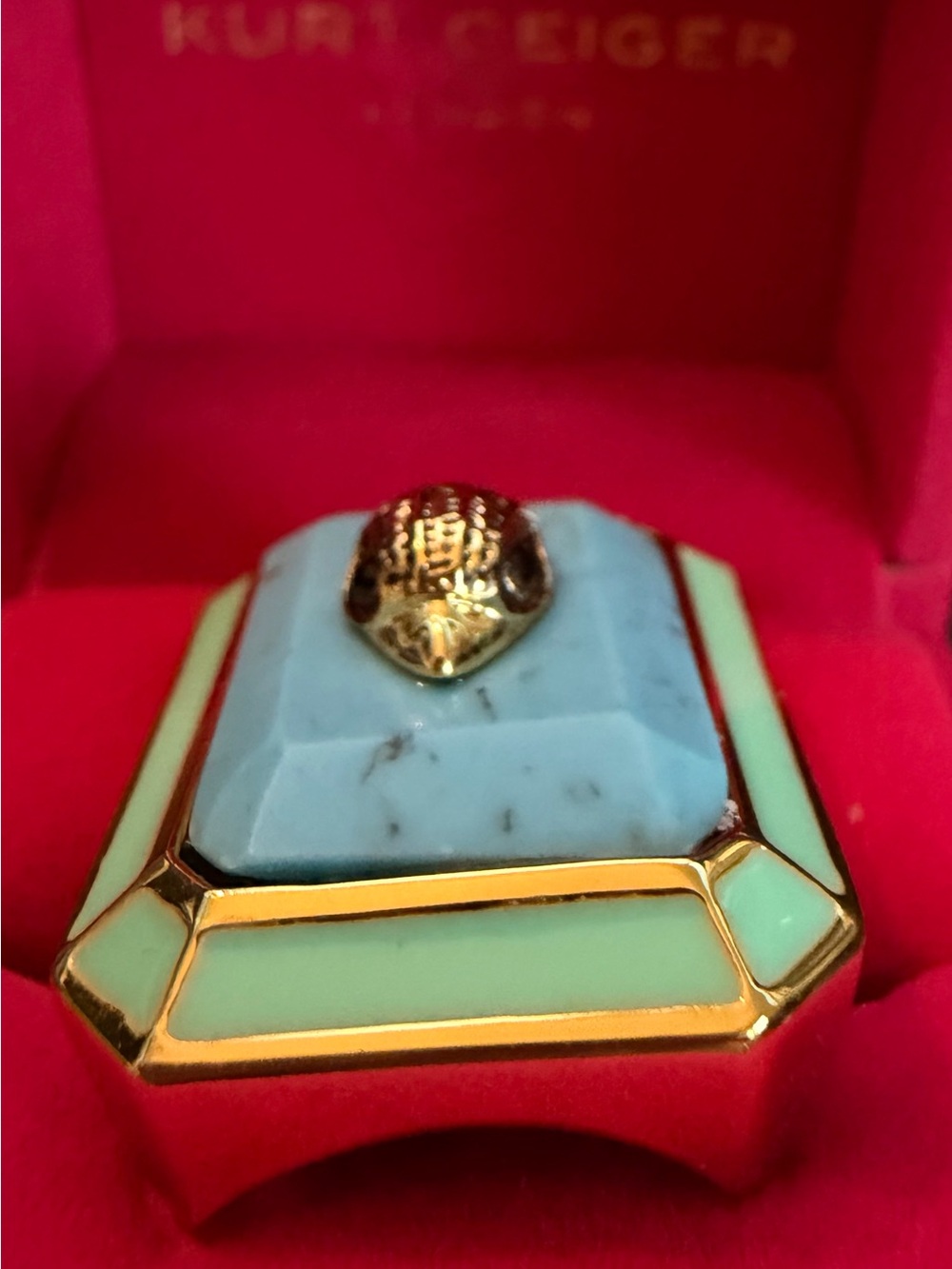 Kurt Geiger Gold-Tone Ring with Mint Enamel & Turquoise Stone - Picture 3 of 7